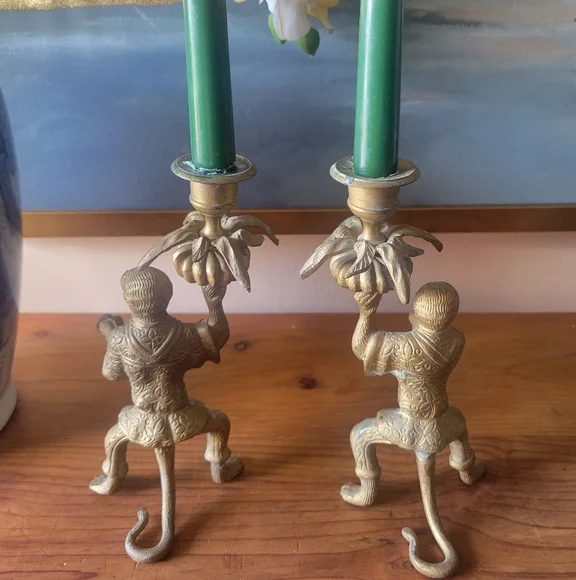 Vintage Solid Brass monkey Candlestick Holders Pair